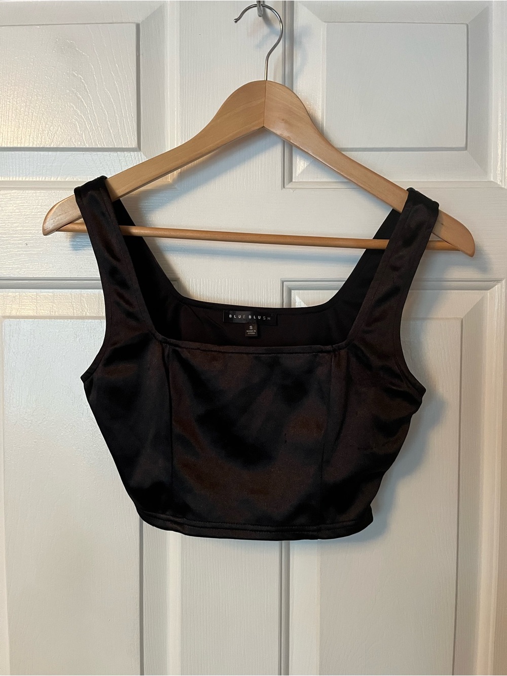 Blue Blush Black Satin Sleeveless Crop Top Tank Sz S Side Zip Lined Poly/Spandex